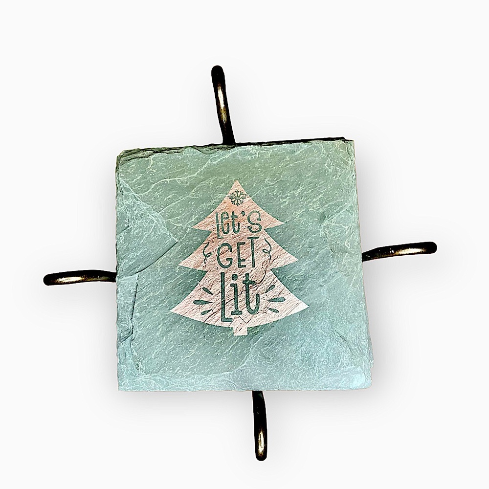 New Slate Stone Rose Gold Christmas Tree Drink Coaster Set